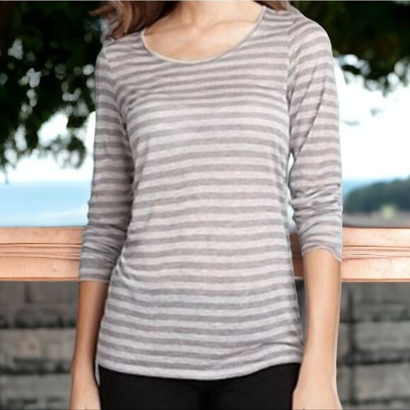 Eileen Fisher Women Super Soft Micro Modal Long Sleeve Tee Gray Stripe Knit Top - Picture 2 of 9